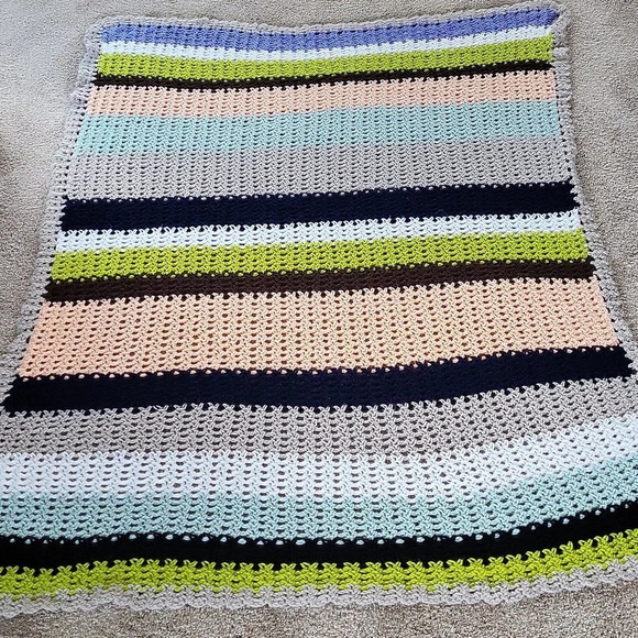 Handmade Striped Mulit Color‎ Crochet Afghan  Blanket Approx. 61 x 46 Grey Trim - Picture 1 of 5